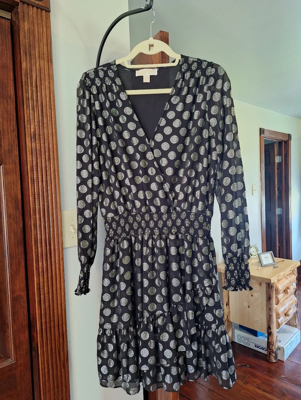 Michael Kors Medium Black Long-Sleeve Metallic Dot Dress